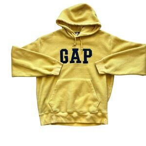 Gap Factory Mens Fleece Hoodie Yellow Navy Blue Logo Sweatshirt Medium RN54023